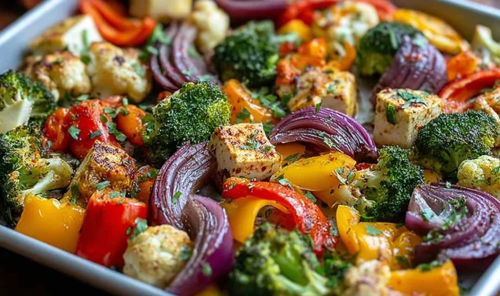 High Protein Sheet Pan Veggie Bake with tofu and broccoli on parchment paper.
