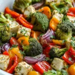 High Protein Sheet Pan Veggie Bake with tofu and broccoli on parchment paper.