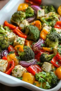 High Protein Sheet Pan Veggie Bake with tofu and broccoli on parchment paper.