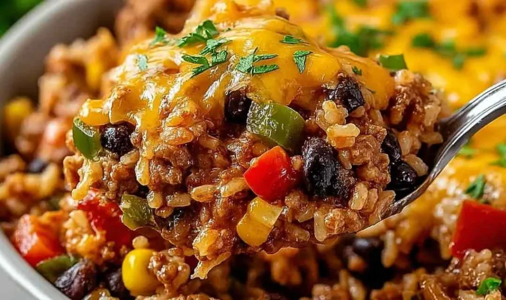 High Protein Unstuffed Peppers in a cast iron skillet with melted cheddar cheese.