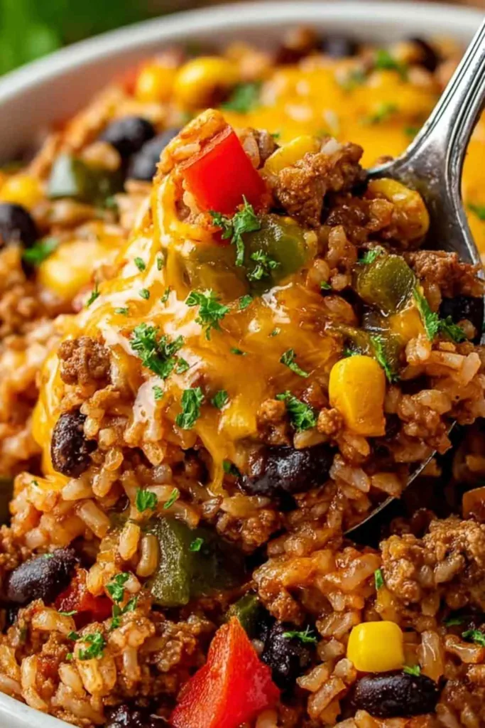 High Protein Unstuffed Peppers in a cast iron skillet with melted cheddar cheese.