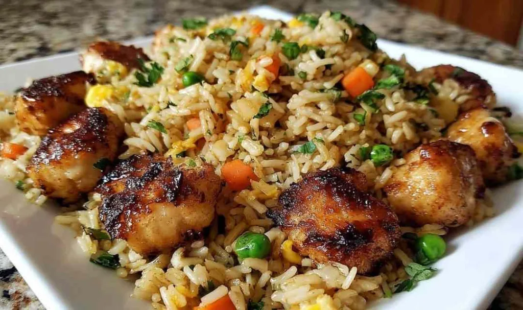 High protein crispy garlic chicken fried rice in a black skillet topped with green onions