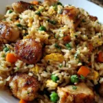 High protein crispy garlic chicken fried rice in a black skillet topped with green onions