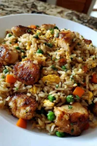 High protein crispy garlic chicken fried rice in a black skillet topped with green onions