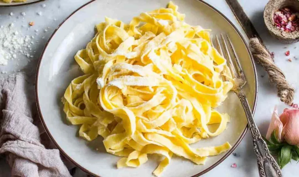 Smooth yellow batter for homemade keto egg noodles spread thinly on parchment paper inside a baking sheet ready for the oven.