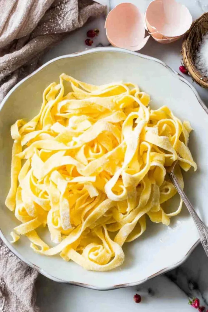 Smooth yellow batter for homemade keto egg noodles spread thinly on parchment paper inside a baking sheet ready for the oven.