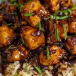 Honey BBQ Chicken Rice Recipe served in a cast iron skillet topped with green onions.