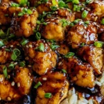 Skillet of Honey BBQ Chicken Rice with green onions garnish