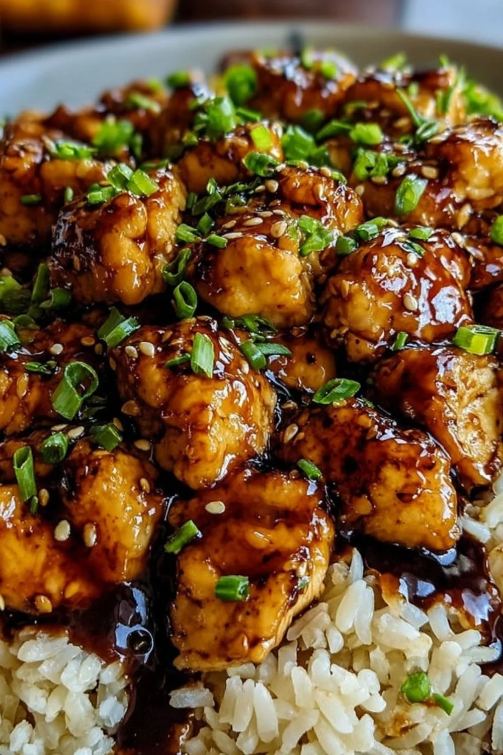 Skillet of Honey BBQ Chicken Rice with green onions garnish