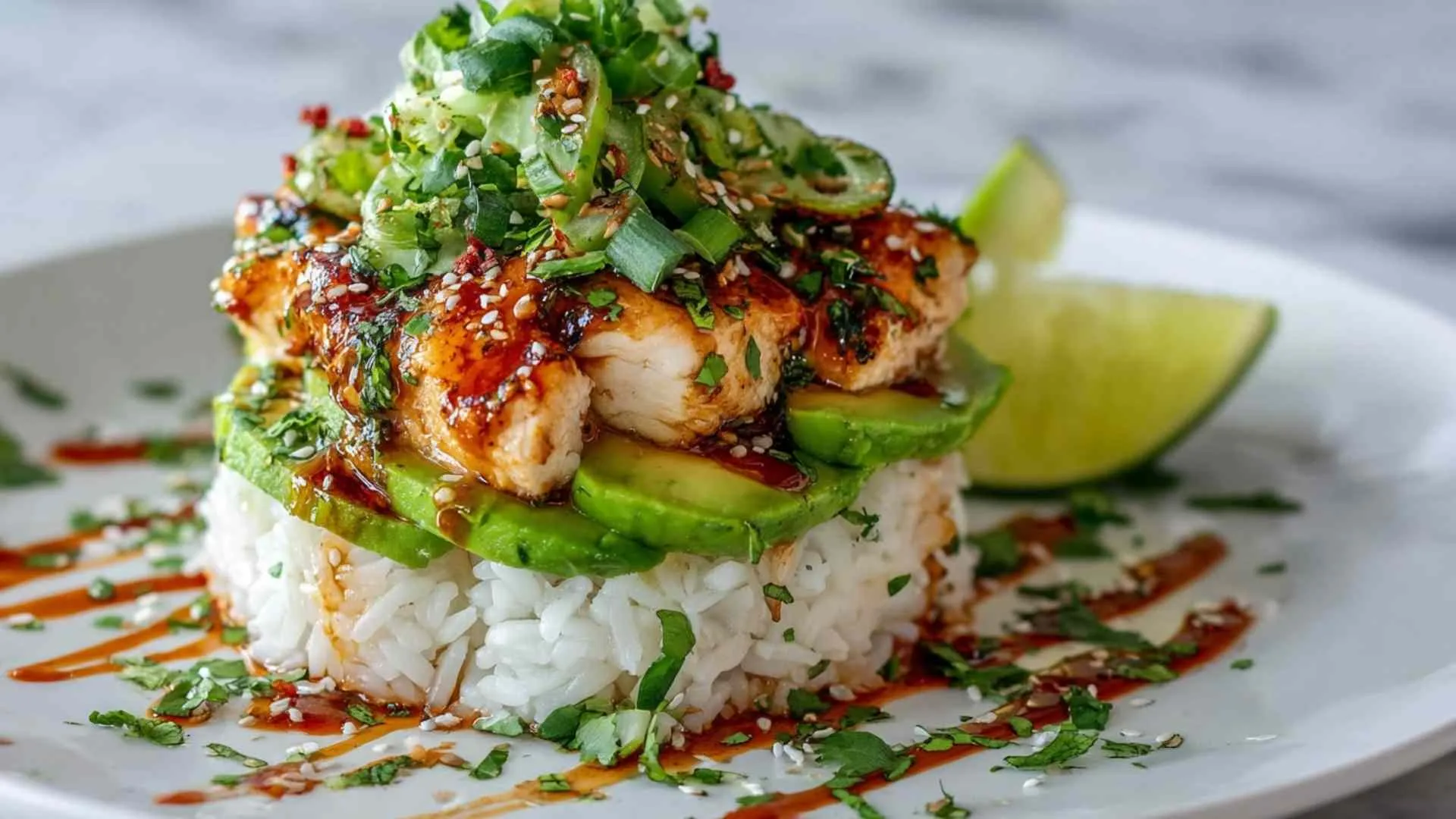 Honey Lime Chicken Avocado Rice Stack