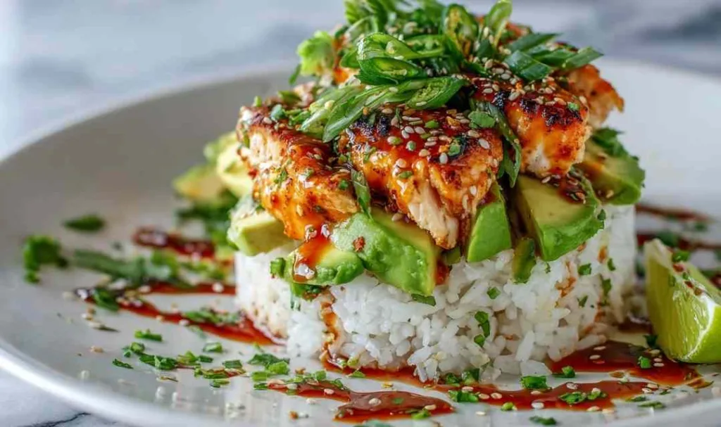 Honey Lime Chicken Avocado Rice Stack in a white bowl with grilled chicken slices and fresh avocado