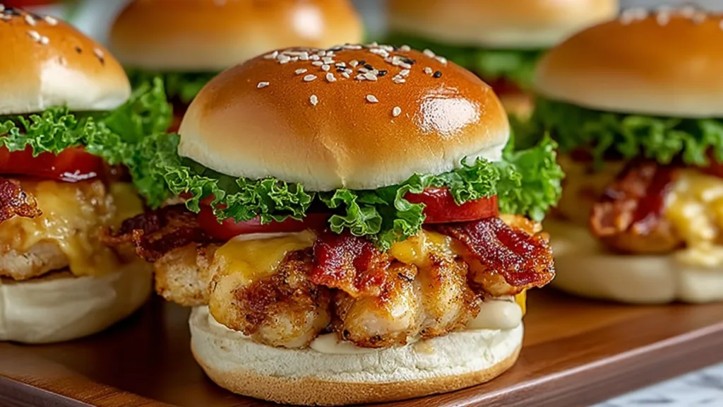 Golden brown Honey Mustard Chicken Sliders on a wooden board with sauce dripping.