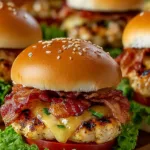 Golden brown Honey Mustard Chicken Sliders on a wooden board with sauce dripping.