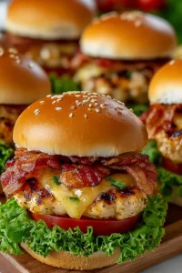 Golden brown Honey Mustard Chicken Sliders on a wooden board with sauce dripping.
