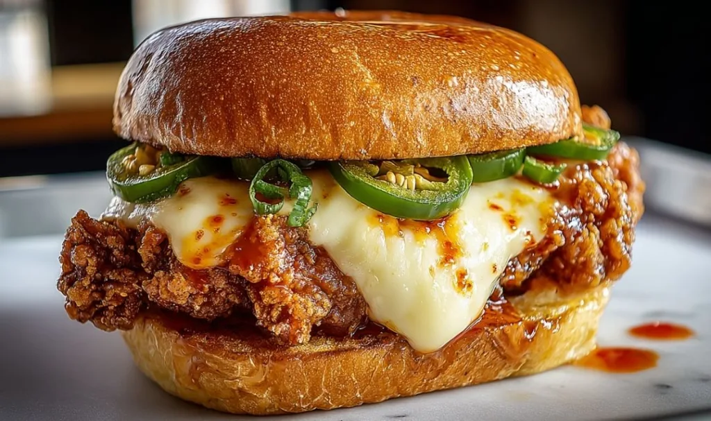 Close up of a Jalapeno Honey Fried Chicken Sandwich with golden crispy chicken and honey drizzle