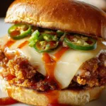 Close up of a Jalapeno Honey Fried Chicken Sandwich with golden crispy chicken and honey drizzle