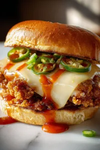 Close up of a Jalapeno Honey Fried Chicken Sandwich with golden crispy chicken and honey drizzle