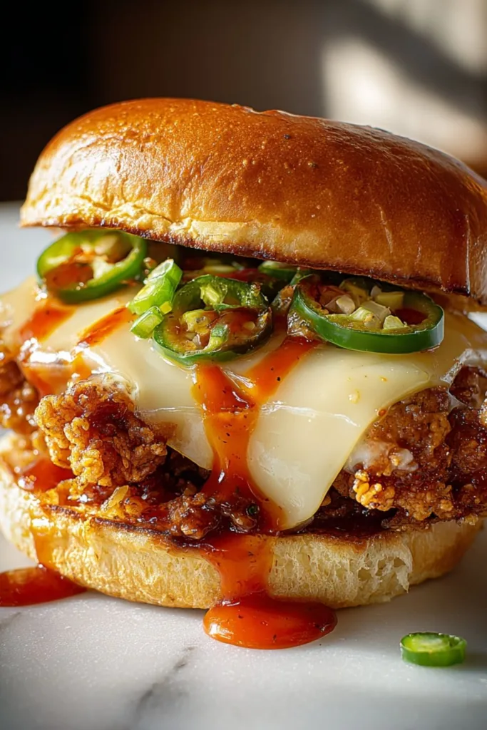 Close up of a Jalapeno Honey Fried Chicken Sandwich with golden crispy chicken and honey drizzle
