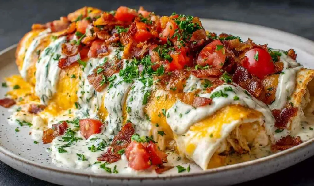 Jalapeno popper cheesy chicken enchiladas baked golden in a white dish topped with crumbled bacon and fresh cilantro