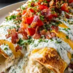 Jalapeno popper cheesy chicken enchiladas baked golden in a white dish topped with crumbled bacon and fresh cilantro