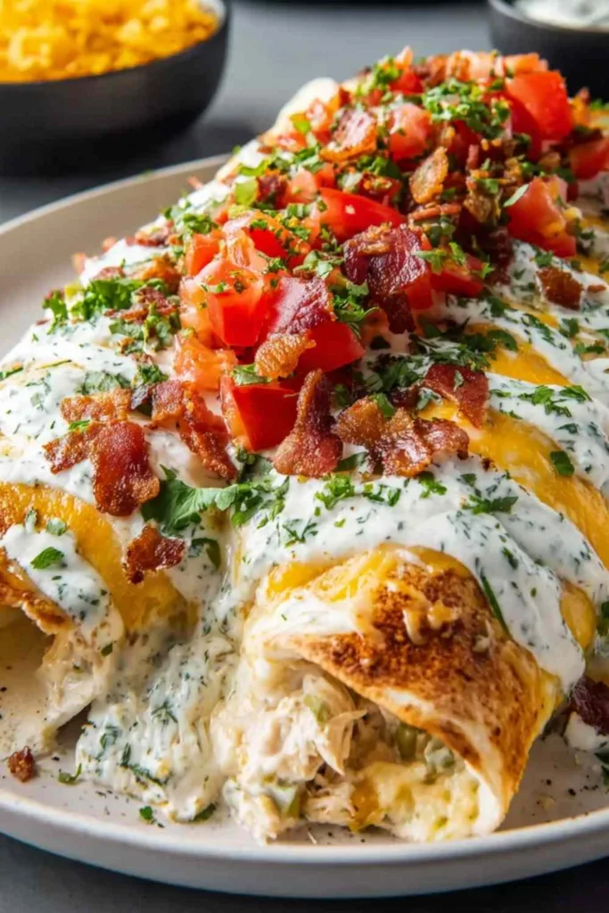 Jalapeno popper cheesy chicken enchiladas baked golden in a white dish topped with crumbled bacon and fresh cilantro