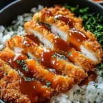 Japanese Katsu Bowls with Tonkatsu Sauce topped with shredded cabbage and sesame seeds over white rice