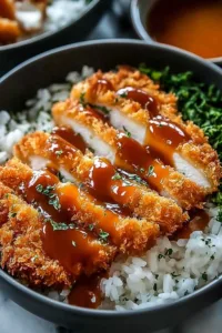 Japanese Katsu Bowls with Tonkatsu Sauce topped with shredded cabbage and sesame seeds over white rice