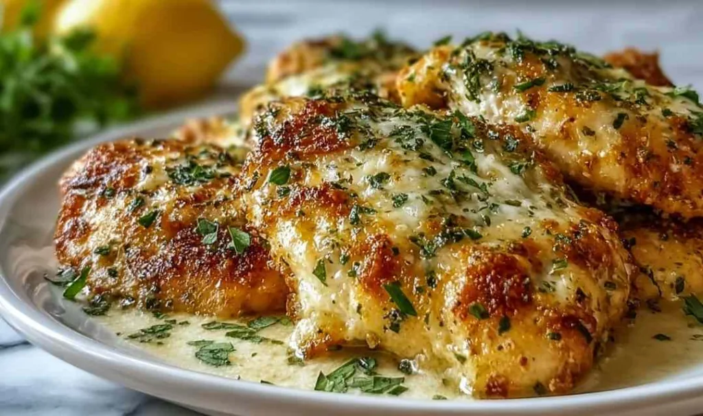 Crispy keto garlic parmesan chicken on a white plate with lemon wedges and steamed broccoli