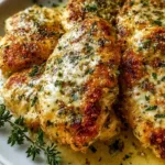 Crispy keto garlic parmesan chicken on a white plate with lemon wedges and steamed broccoli