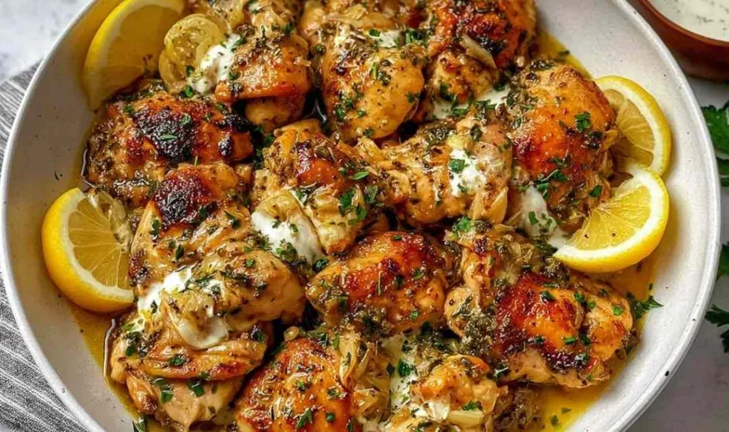 Lebanese lemon garlic chicken Al Aseel copycat on a plate with creamy yogurt sauce and lemon wedges