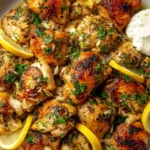 Lebanese lemon garlic chicken Al Aseel copycat on a plate with creamy yogurt sauce and lemon wedges