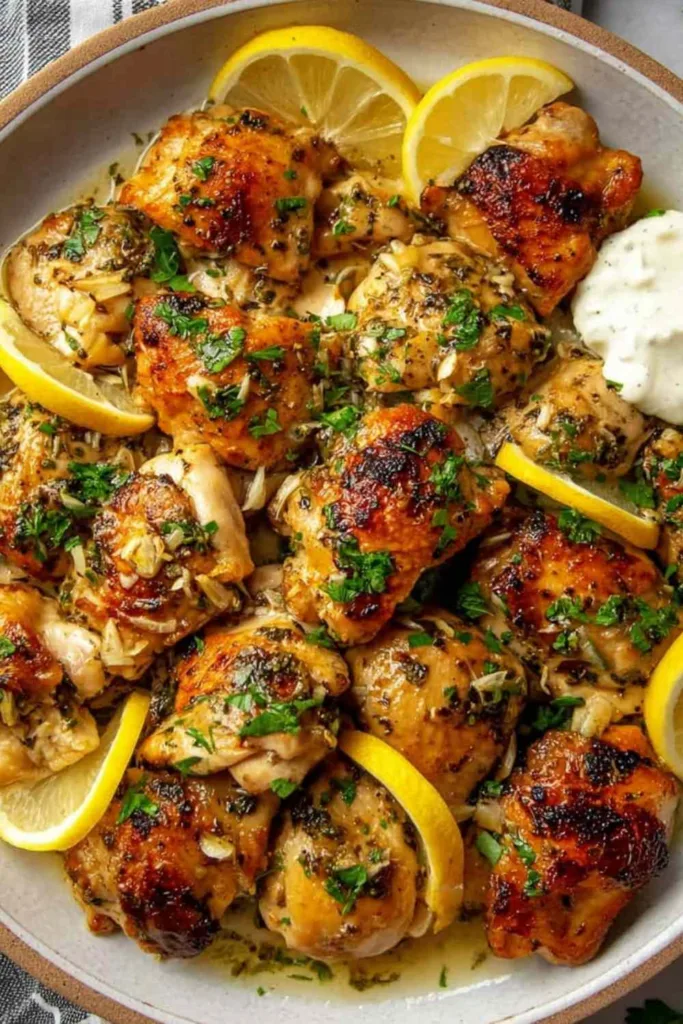 Lebanese lemon garlic chicken Al Aseel copycat on a plate with creamy yogurt sauce and lemon wedges