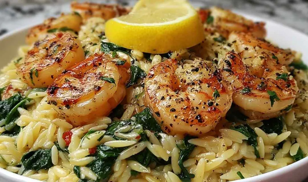 Lemon Garlic Shrimp with Spinach Orzo in a skillet