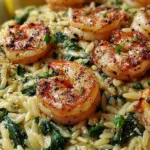Lemon Garlic Shrimp with Spinach Orzo in a skillet