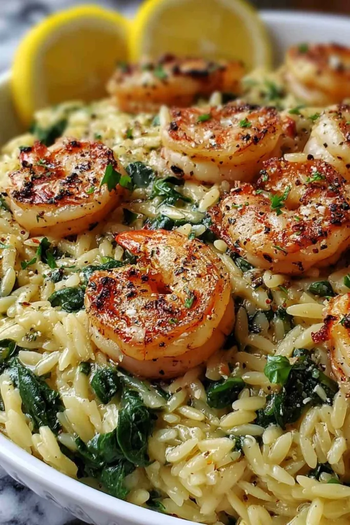 Lemon Garlic Shrimp with Spinach Orzo in a skillet