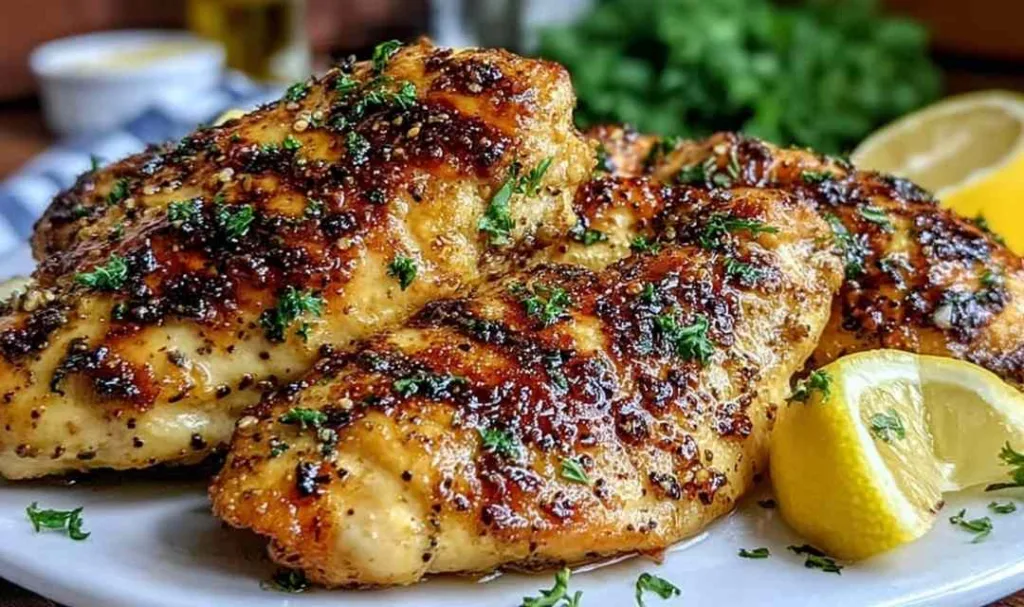 Crispy lemon pepper air fryer chicken thighs on a white plate with lemon wedges