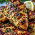 Crispy lemon pepper air fryer chicken thighs on a white plate with lemon wedges
