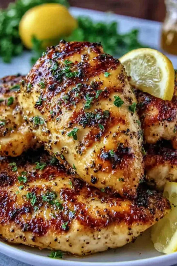 Crispy lemon pepper air fryer chicken thighs on a white plate with lemon wedges