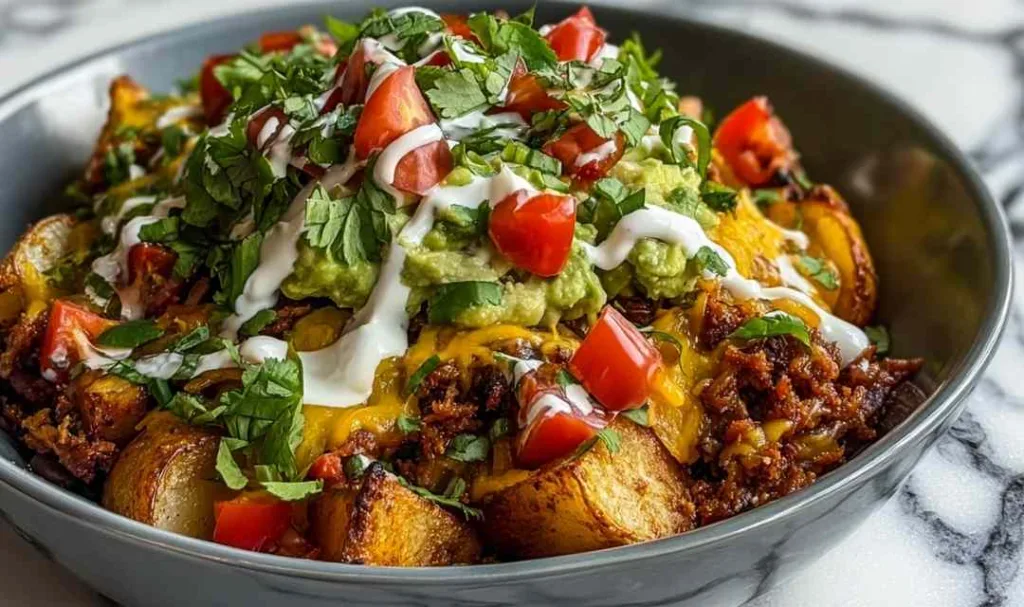 Loaded Potato Taco Bowl with crispy potatoes, ground beef, and fresh toppings served in a white bowl.