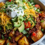 Loaded Potato Taco Bowl with crispy potatoes, ground beef, and fresh toppings served in a white bowl.