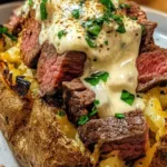 Loaded steak potatoes topped with Cajun steak bites and parmesan cream sauce