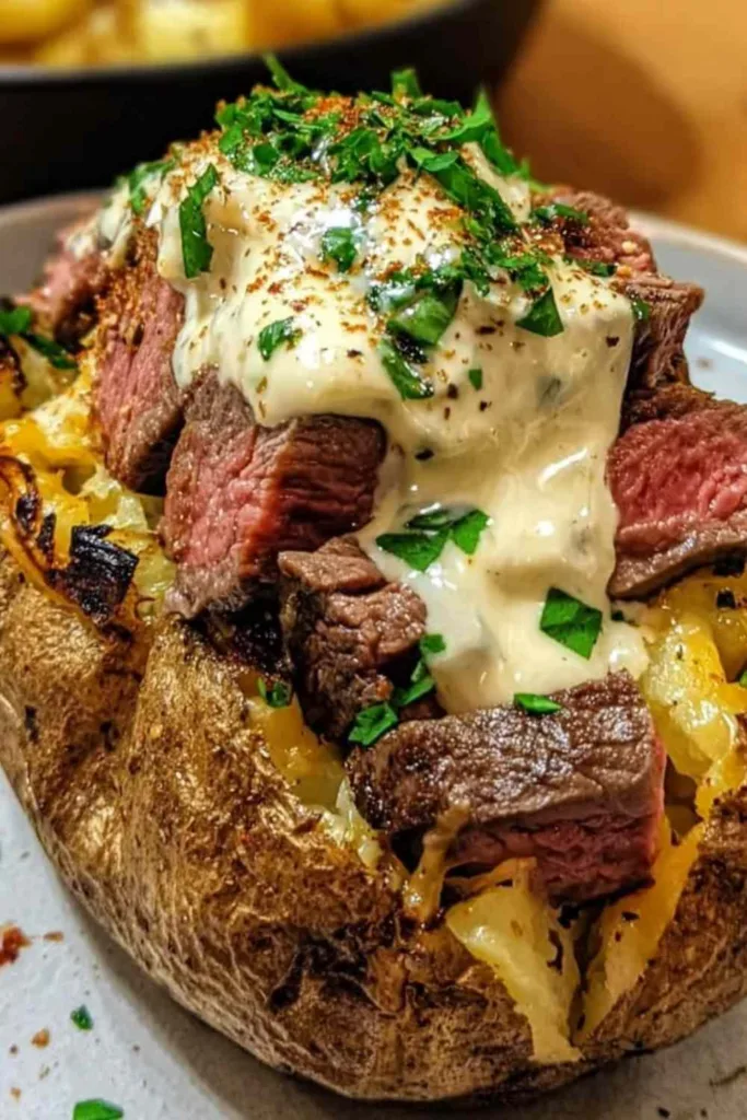 Loaded steak potatoes topped with Cajun steak bites and parmesan cream sauce