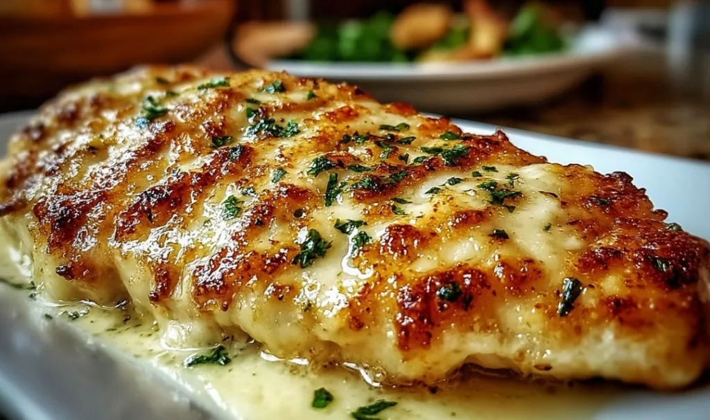 Longhorn Steakhouse Parmesan Chicken on a white platter with lemon wedges.