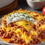 A slice of Low-Carb Egglife Lasagna served on a plate showing layers of meat, cheese, and sauce.