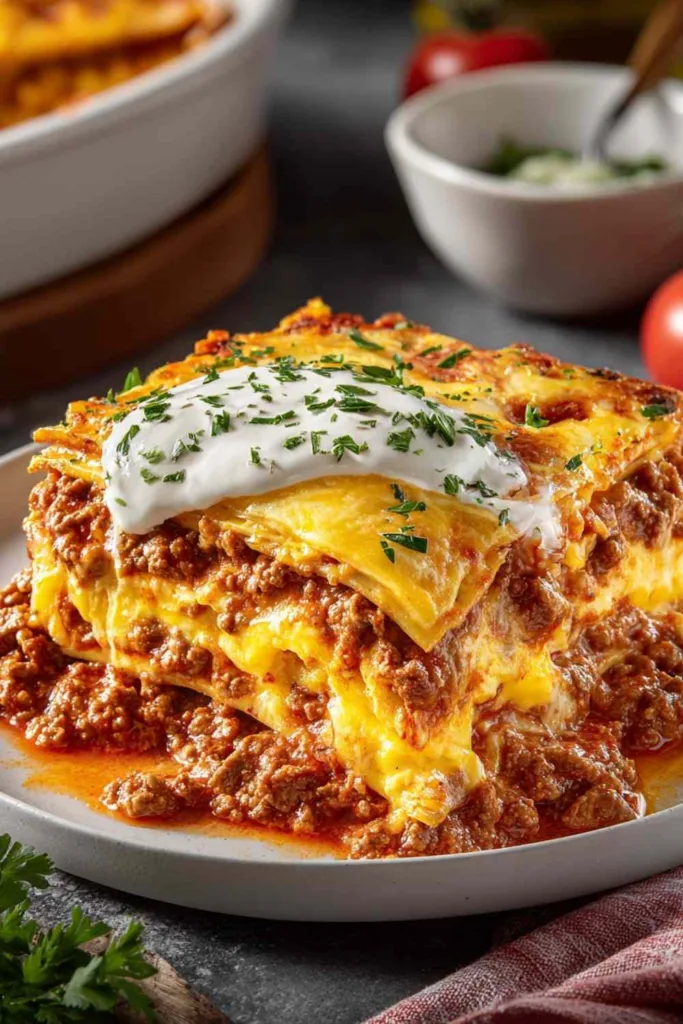 A slice of Low-Carb Egglife Lasagna served on a plate showing layers of meat, cheese, and sauce.