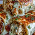 Low carb cheesy garlic chicken wraps golden and crispy in a skillet
