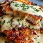 Golden brown Malibu Chicken with melted Swiss cheese and ham close up.