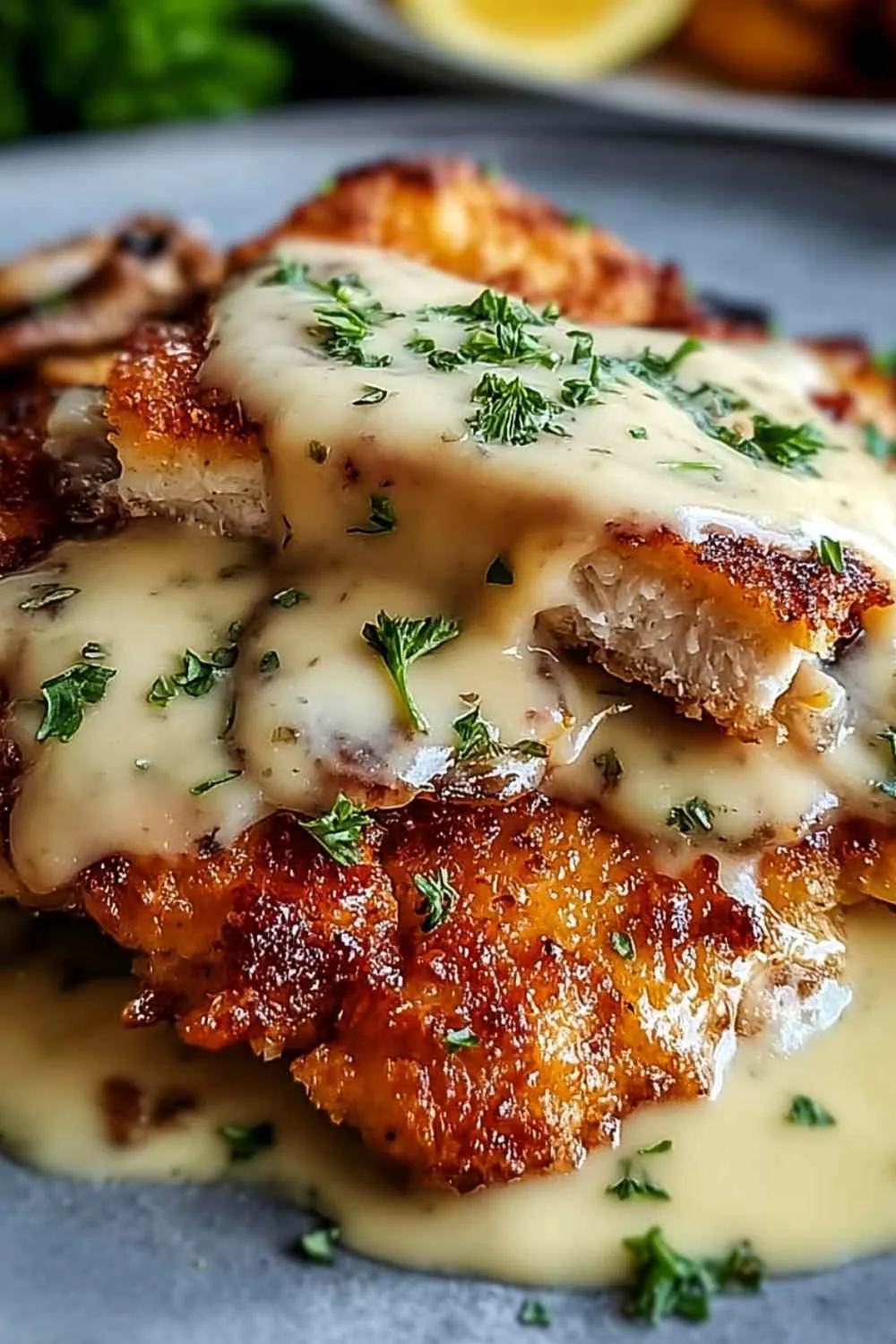 Golden brown Malibu Chicken with melted Swiss cheese and ham close up.