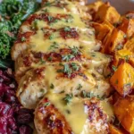 Maple Dijon Chicken Bowl with roasted sweet potatoes on a baking sheet.