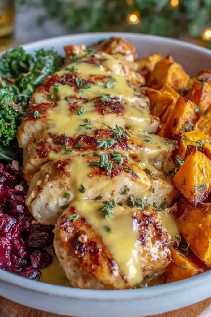 Maple Dijon Chicken Bowl with roasted sweet potatoes on a baking sheet.
